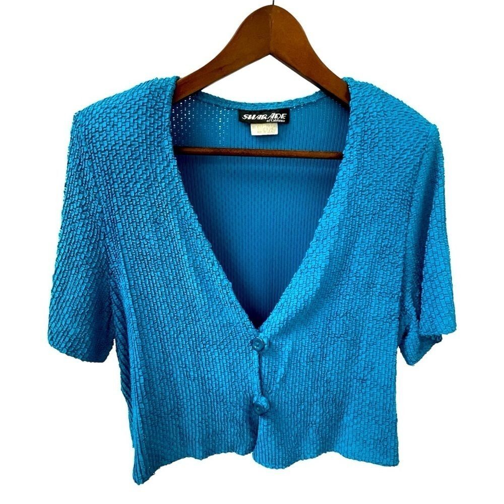 Vintage Sharade Women's Cropped Cardigan Stretch Turquoise Short Sleeve Size 12P
